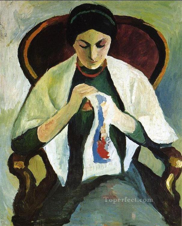 肘掛け椅子に座って刺繍をする女性 芸術家の妻アウグスト・マッケの肖像画油絵
